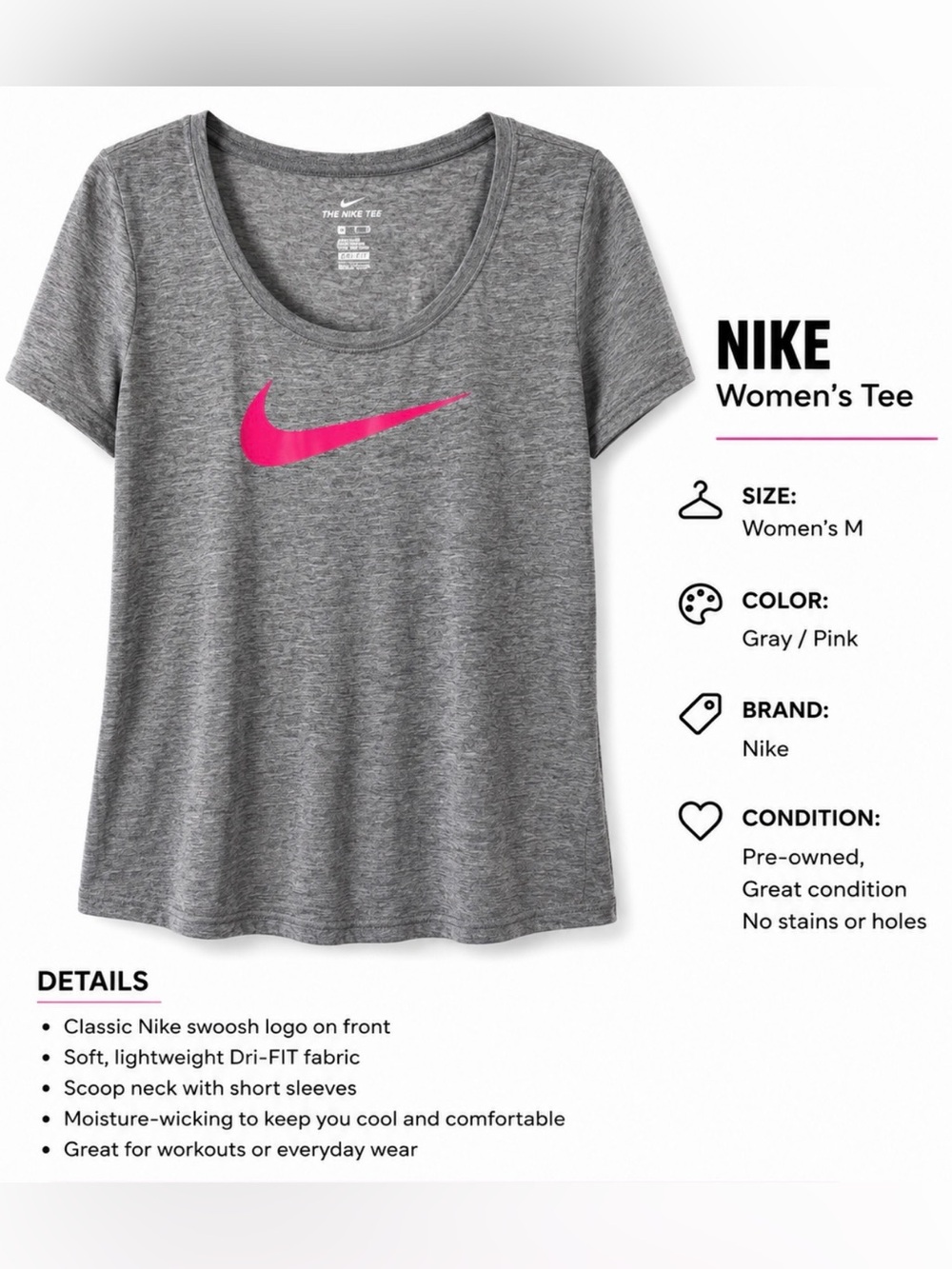 Nike Women's Gray Tee with Pink Swoosh Scoop Neck